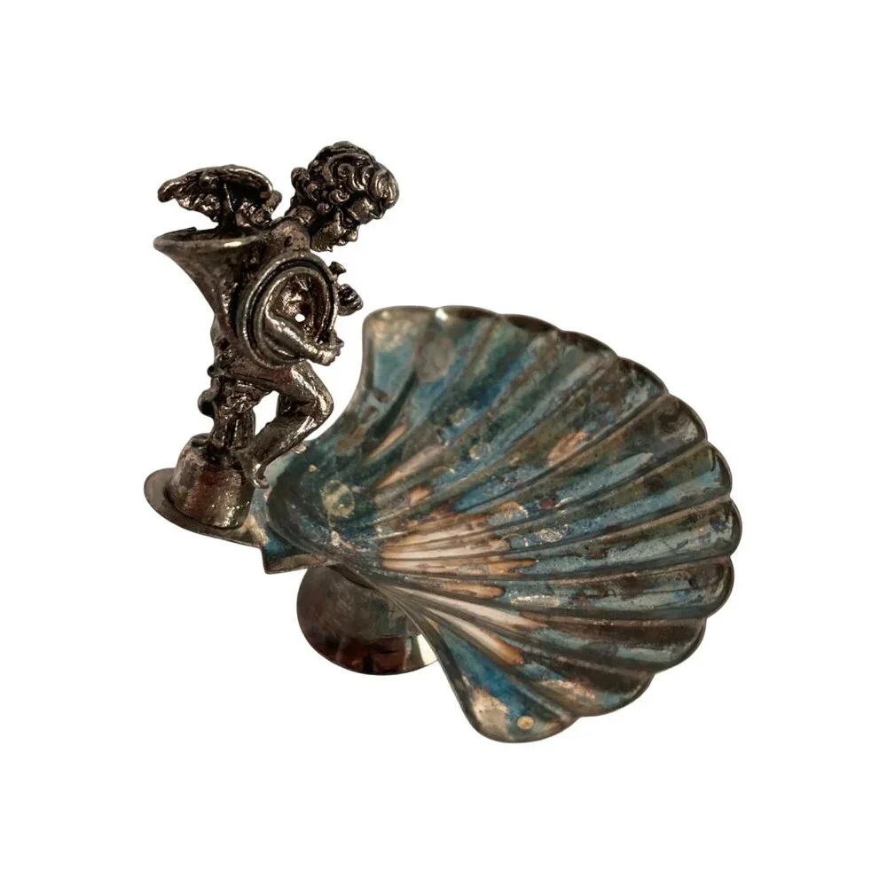 Vintage Silver Toned Cherub Scallop Shell Salt Cellar Decorative Spoon Included - Picture 7 of 10